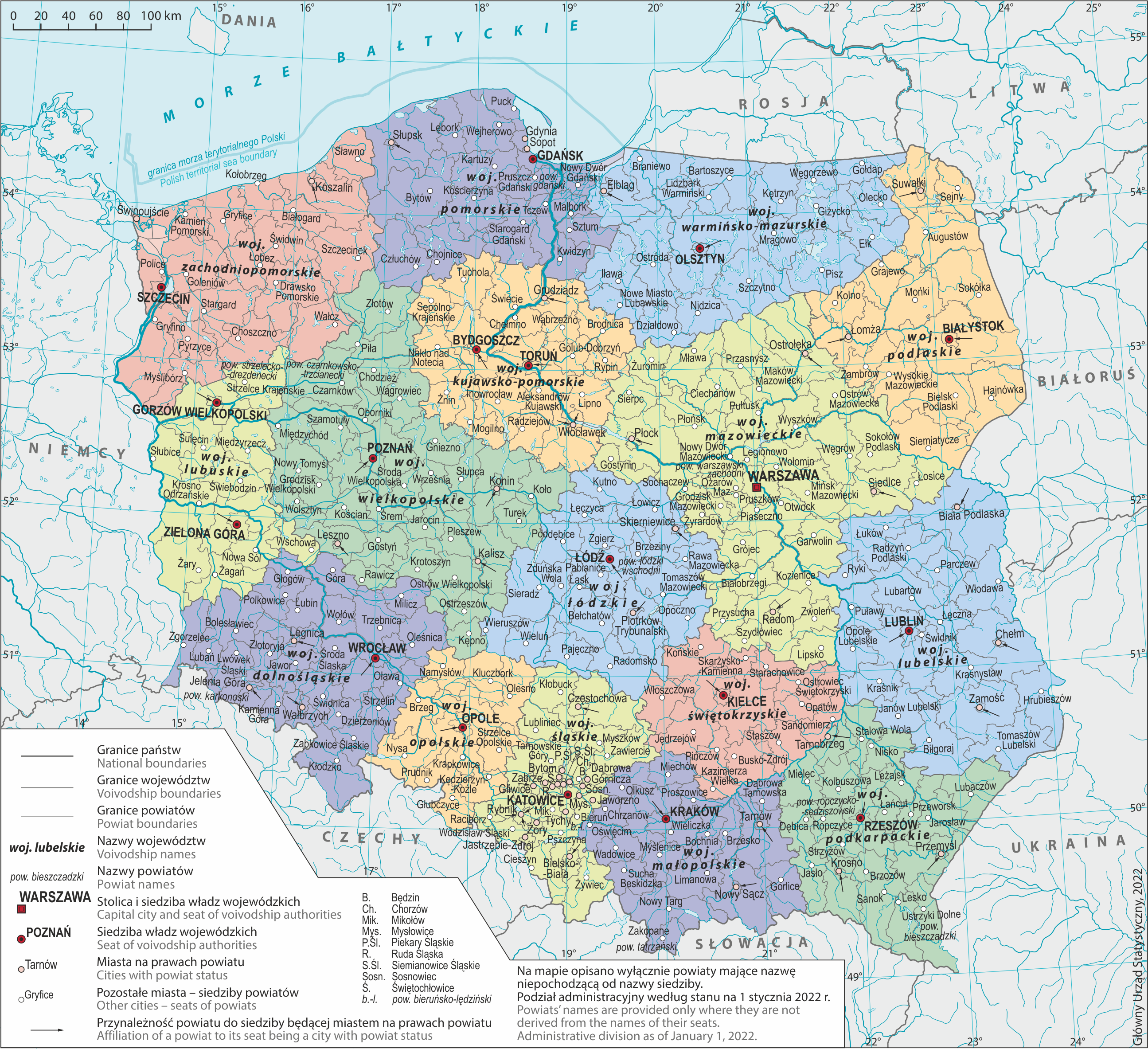 Administrative division of Poland into voivodships and powiats as of 1 January 2022