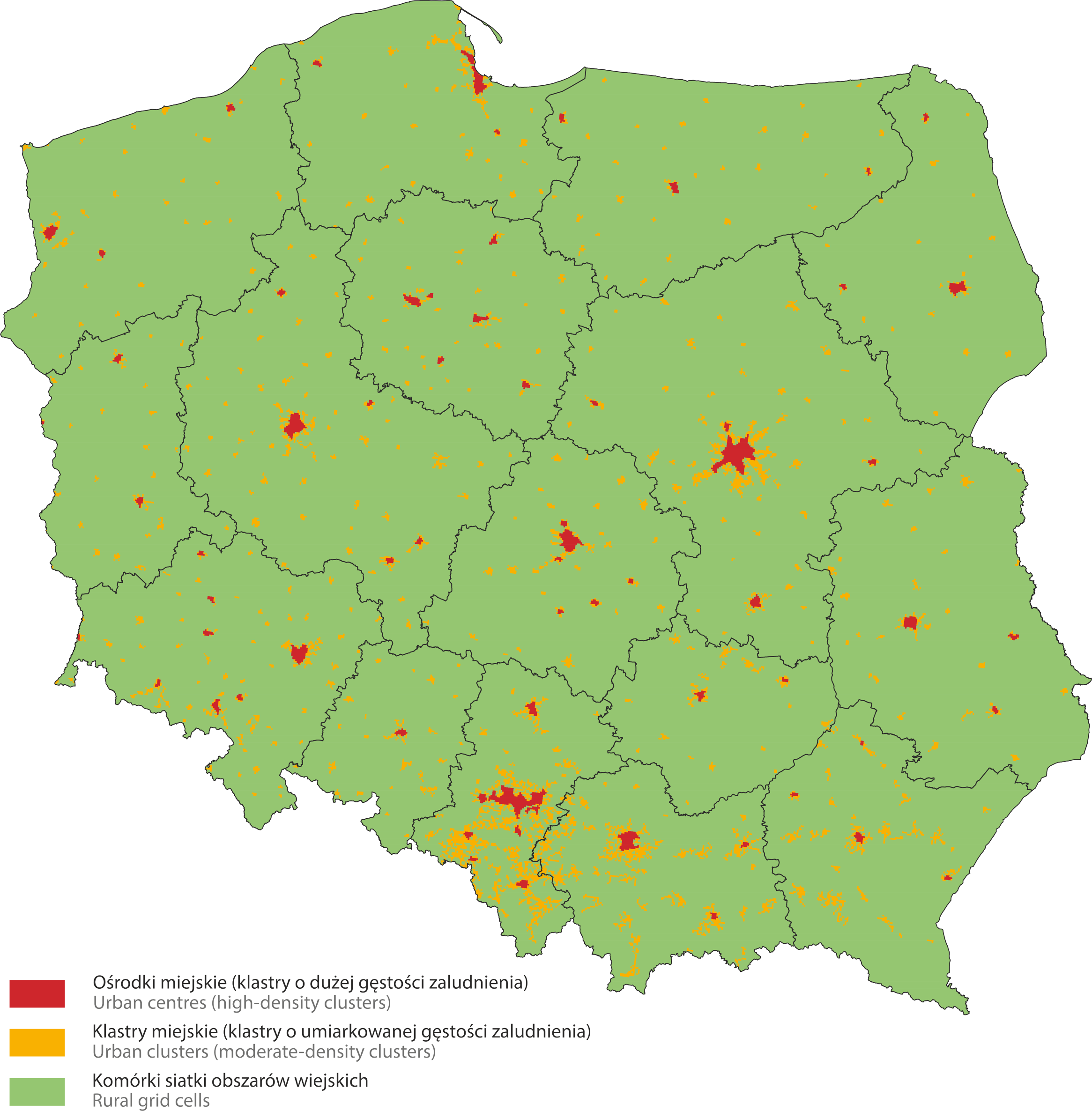 Cluster types in Poland based on the one-kilometer grid (Eurostat data based on 2011 population in a 1 km2 grid)