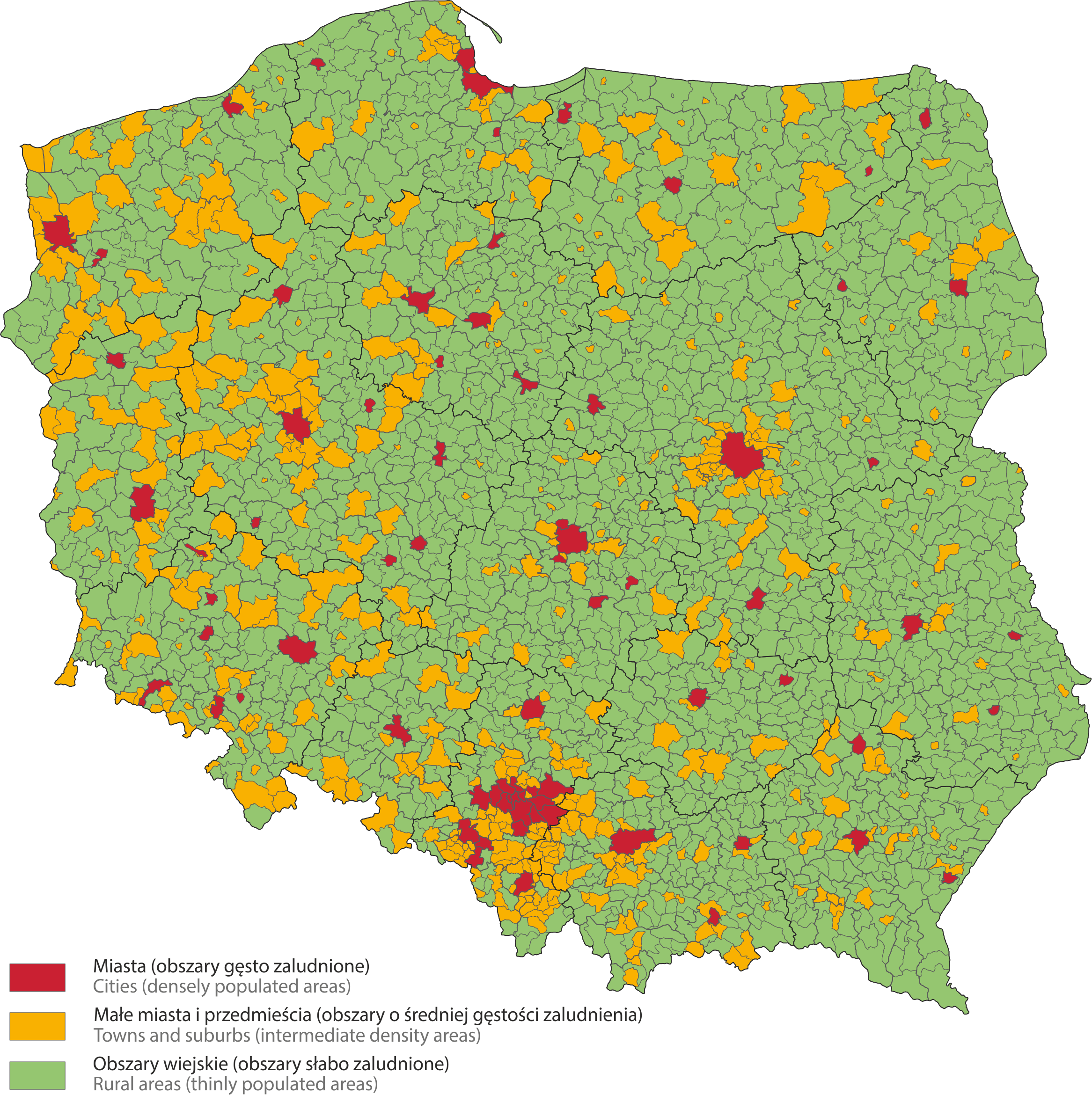 Gminas in Poland according to the degree of urbanisation (DEGURBA) in 2018