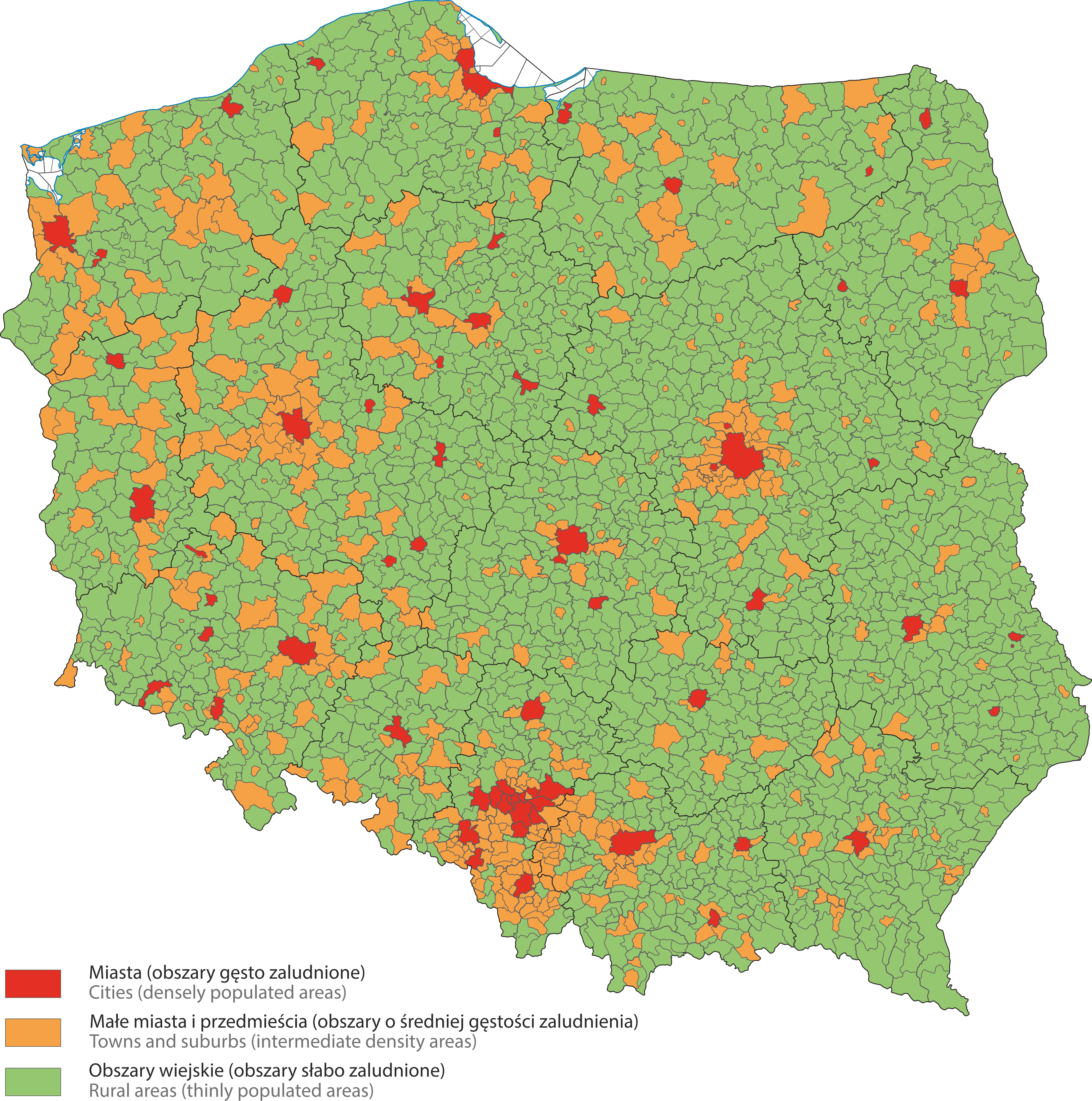 Gminas in Poland according to the degree of urbanisation (DEGURBA)