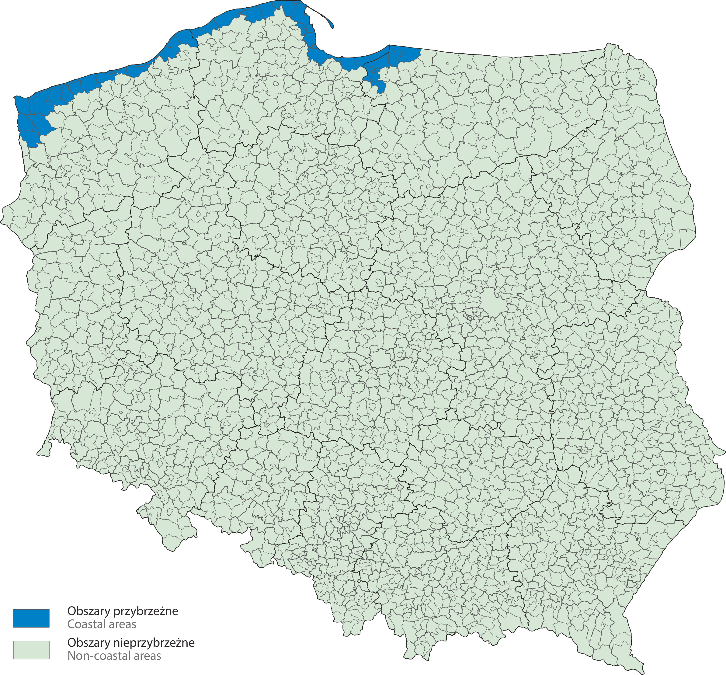 Coastal and non-coastal areas in Poland in 2018