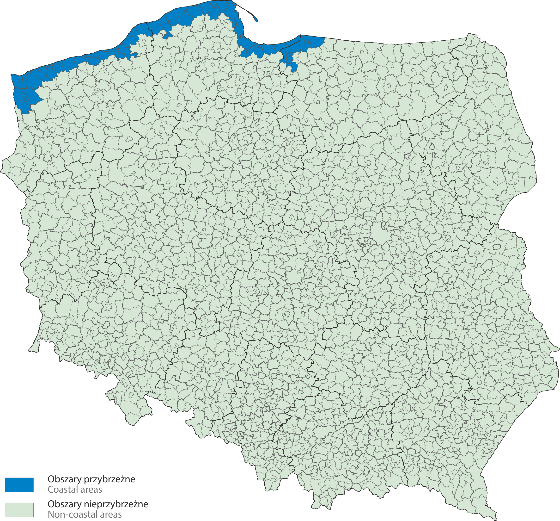 Coastal and non-coastal areas in Poland in 2018