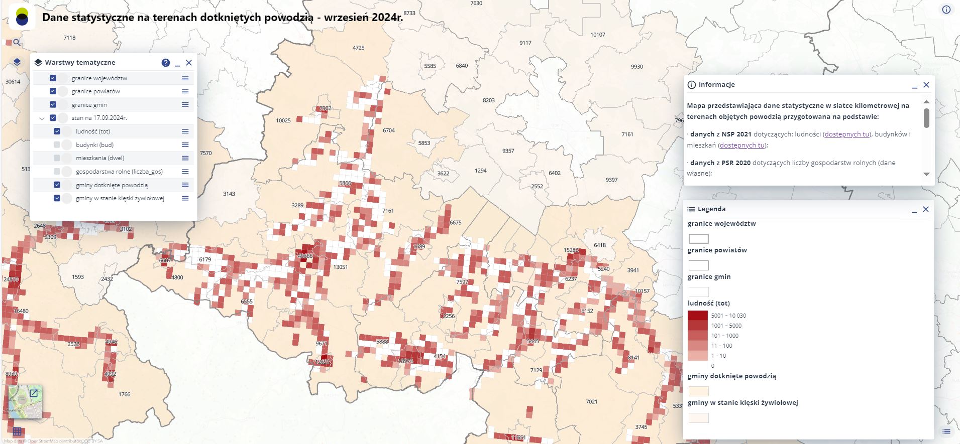 Mapa przedstawiająca dane statystyczne w siatce kilometrowej na terenach objętych powodzią - ludność