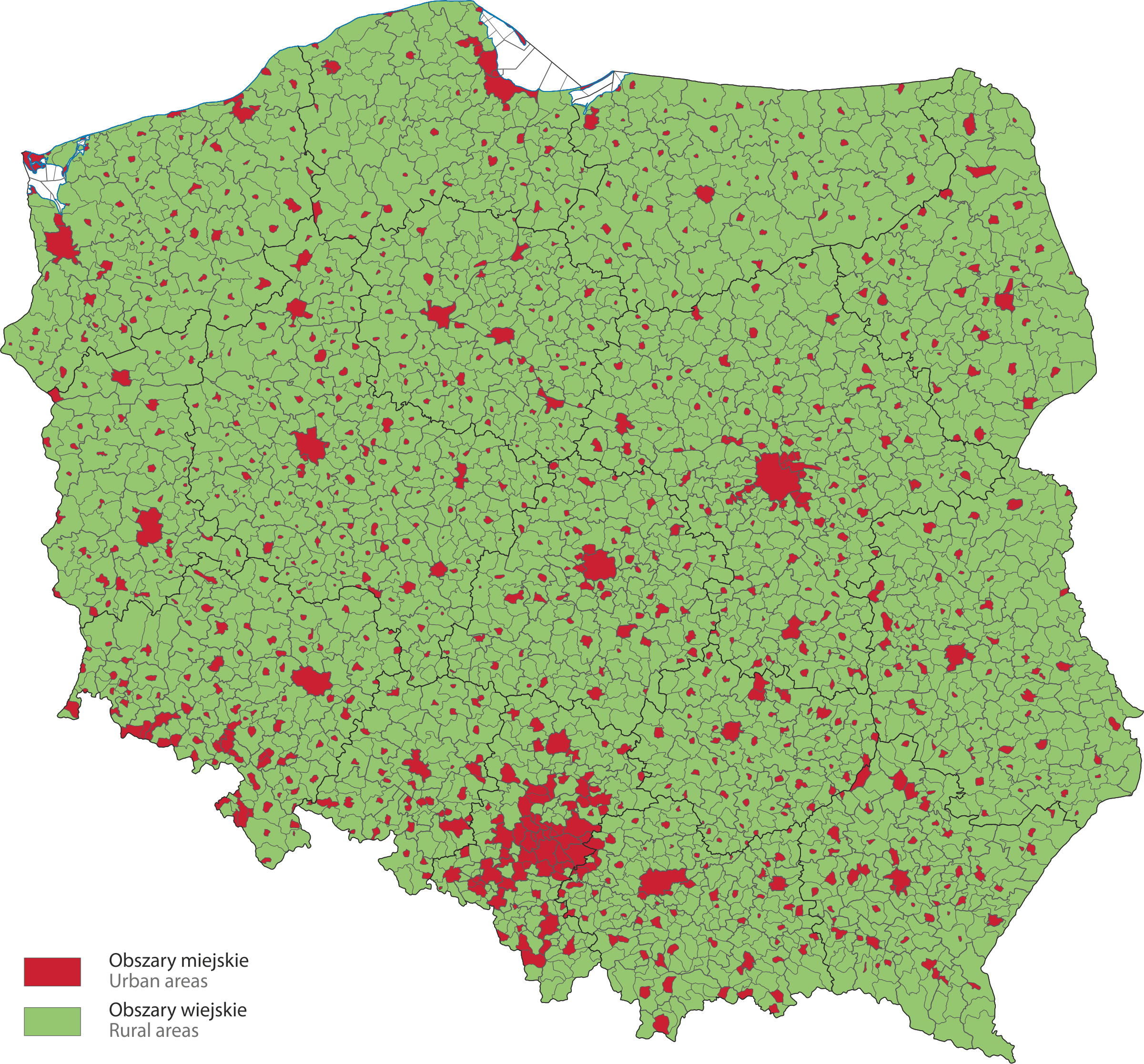 Mapa Obszary miejskie i wiejskie w Polsce według TERYT w dniu 1 stycznia 2022 r.