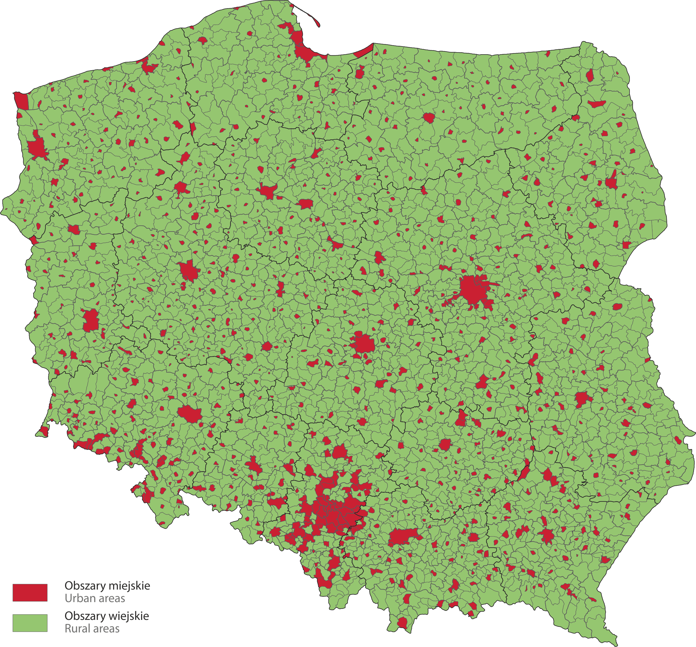Mapa Obszary miejskie i wiejskie w Polsce według TERYT w dniu 1 stycznia 2022 r.