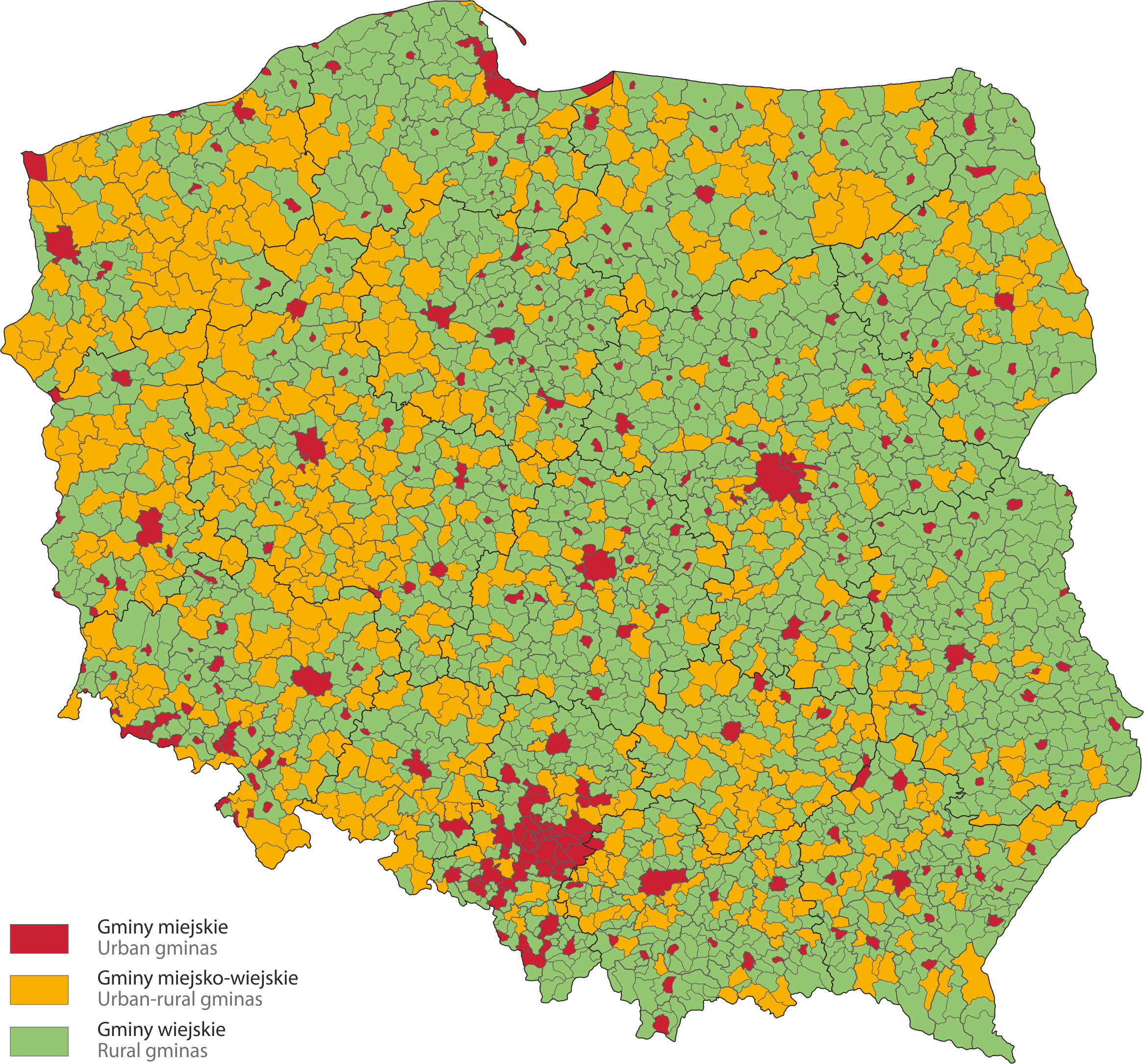 Mapa Rodzaje gmin w Polsce według TERYT w dniu 1 stycznia 2020 r.