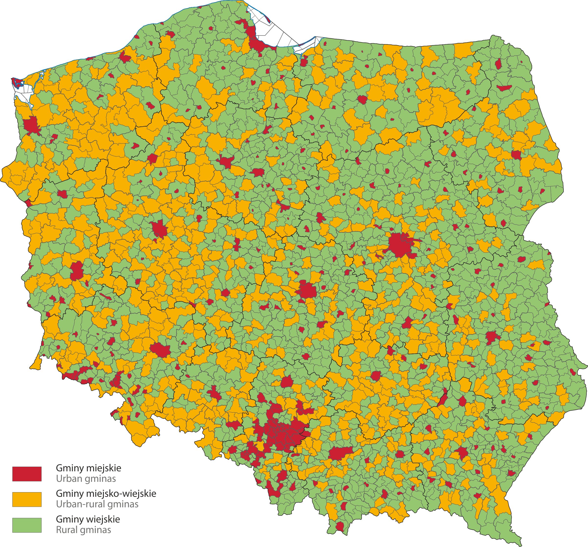Mapa Rodzaje gmin w Polsce według TERYT w dniu 1 stycznia 2022 r.