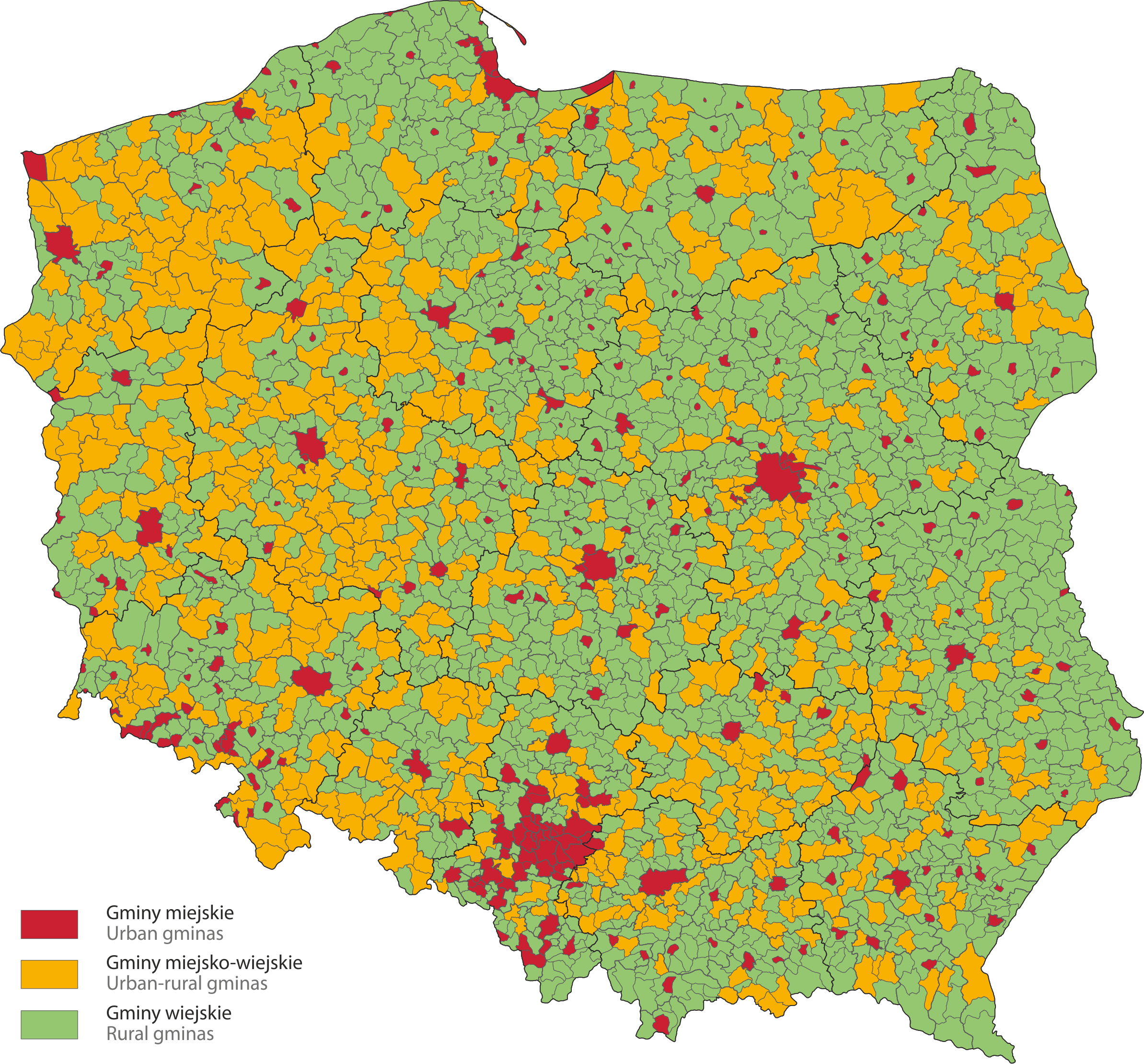 Mapa Rodzaje gmin w Polsce według TERYT w dniu 1 stycznia 2022 r.