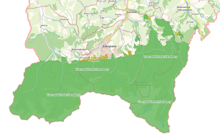 Kawałek mapy polski obrazujący otulinę wokół tatrzańskiego parku narodowego, 