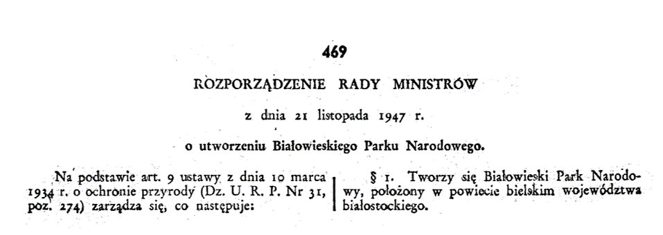 Skan rozporządzenia Rady ministrów z 1947 roku o utworzeniu Białowieskiego Parku Narodowego