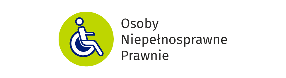 Ikona osoby na wózku inwalidzkim w zielonym kole. Obok napis Osoby niepełnosprawne prawnie