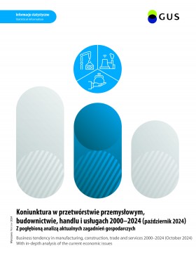 Okładka publikacji &quot;Koniunktura w przetwórstwie przemysłowym, budownictwie, handlu i usługach 2000-2024&quot;
