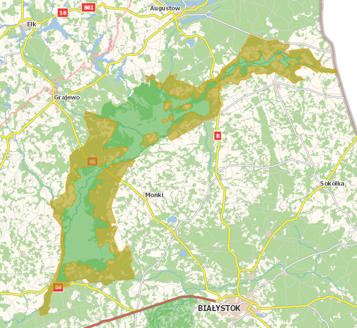 Kawałek mapy polski obrazujący otulinę wokół biebrzańskiego parku narodowego, 