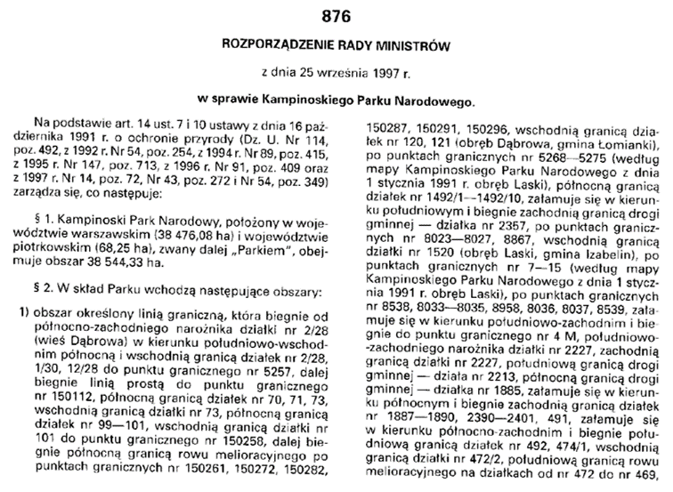 Skan rozporządzenia Rady ministrów z 1997 roku o utworzeniu Kampinoskiego Parku Narodowego